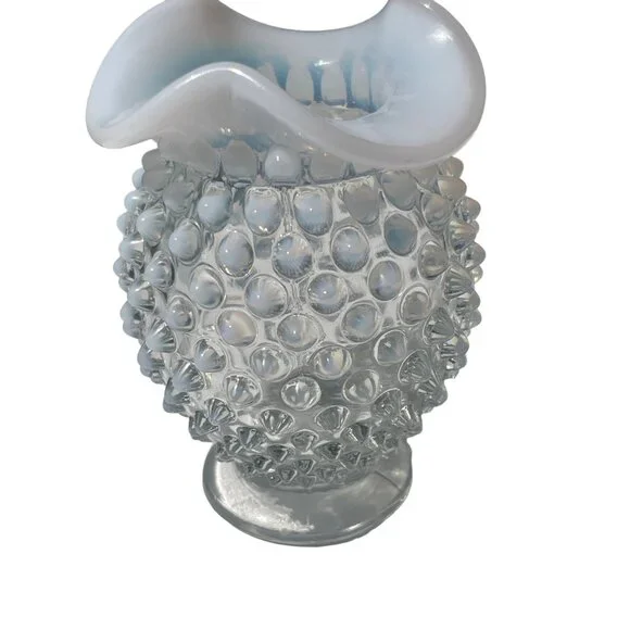 Fenton Vintage White Hobnail Opalescent Milk Glass Vase Petite Ruffled Edge Deco